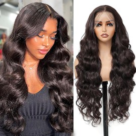 Humistwbiu 13x6 Lace Frontal Wig Long Body Wave Wigs Pre-Plucked Hairline with Baby Hair Transparent Swiss Lace Heat Resistant Synthetic Hair Glueless Lace Front Wavy Wigs for Women 32 Inch (#Brown)