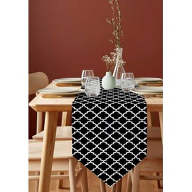 Morocco Cotton Linen Table Runner Black White Morocco Pattern Minimalist Burlap Table Runners for Dinning Table Kitchen,Wedding,Holiday Party- Geometric Art Decor Dresser Scarves 13x70 Inch