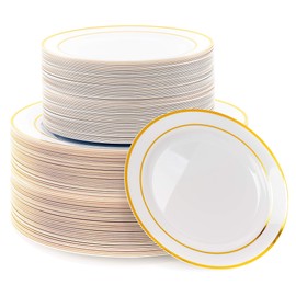 MATANA 240 Premium White Plastic Plates with Gold Rim - 120 26cm Dinner Plates, 120 19cm Dessert Plates - Elegant & Reusable Party Plates for Weddings, Birthdays, BBQ, Catering, Parties