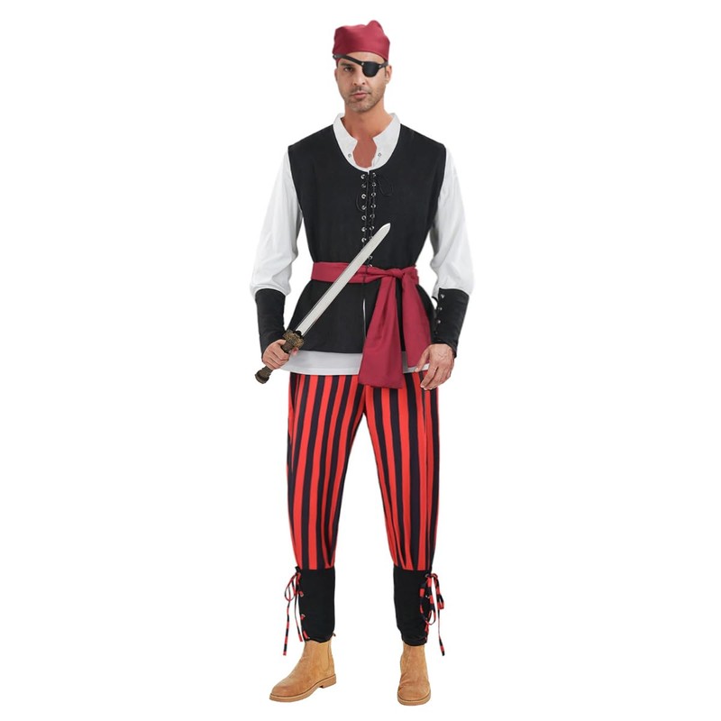 MALINRSSE 6 Pcs Men's Renaissance Pirate Costome Set Medieval Shirt