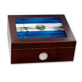 ExpressItBest Premium Desktop Humidor - Glass Top - Flag of El Salvador (Salvadorian) - Wood Design - Cedar lined with humidifier & front mounted hygrometer.