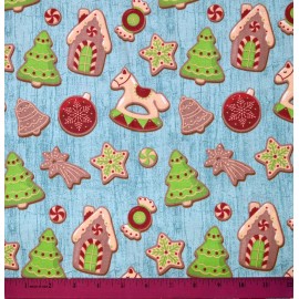 Unbranded Christmas Cookies Fabric - HALF YARD - 100% Cotton Quilting Holiday Blue Red