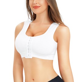 BRABIC Women Front Closure Post Surgery Compression Everyday Bras for Mastectomy Support with Adjustable Straps Wirefree (Large, White)