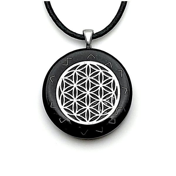 Orgone pendant with silver Flower of Life, Black Tourmaline and