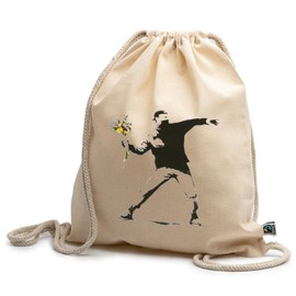 rainUP Banksy Flower Launcher Backpack, 100% Fair Trade Organic Cotton, Durable and Comfortable, Ideal for Shopping, Travel, Gym, Padel, Trekking..., beige