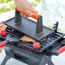 Sungmor Heavy Duty Cast Iron Grill Press, 8.7" x 4.3" Rectangel Burger Press Bacon Smasher with Wood Handle, Meat Steak Weight for Blackstone Grill,Outdoor Griddle, Kitchen Barbecue Press Tool