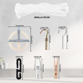 Pulley Clothesline Kit Outdoor, Portable Durable Laundry Clothes Cord Rope Line with Pulleys Hooks Clothespins & Oval Pendant Clothesline Pulley System for Outdoor Backyard Patio Balcony Camping