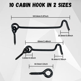KITERI 10 Pcs Cabin Hook and Eye Latch, 2.5''/4'' Door Latch Black Gate Hook Lock Metal Door Hook Latch Catch Silent Holder Garden Gate Latch with Screws for Door Gate Window Closet Shed