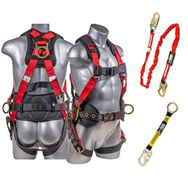 Palmer Safety Fall Protection Full Body 5 point Harness, Padded Back Support, Quick-Connect Buckle, Grommet Legs, 6' Lanyard, OSHA ANSI Industrial Roofing Tool Personal Equipment (Red - SM), Red