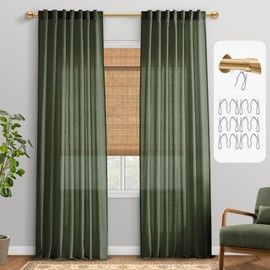 PANELSBURG Linen Curtains 96 Inch 2 Panels Set for Living Room,Boho Olive Green Sheer Window Curtains 96 Inches Long for Bedroom Dining Room Sliding Glass Door,Back Tab Hook Belt
