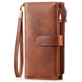 GOIACII Wallet for Women RFID Blocking Large Capacity Long Ladies Purse,with Detachable Wrist Strap, Multiple Card Slots Zipper Coin Purse Leather Women's Wallets