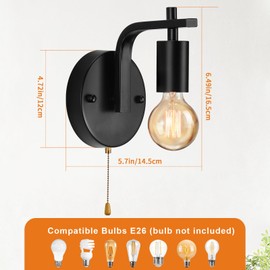 Glighone Vintage Pull Chain Wall Lights Set of Two with Switch Wall Lamp,Black Wall Light E26 Industrial Wall Lighting Hard Wired Retro Wall Lights for Bedroom Living Room Kitchen