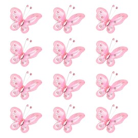 PATIKIL 12Pcs Butterflies for Crafts, 2.2" Mesh Wire Glitter Butterfly Organza Butterflies for DIY Craft Home Decor Clothing Wedding Decoration, Light Pink