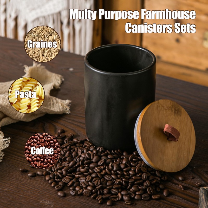 JOJUNO Black Ceramic Canister Set with Wooden Lid, 3-Piece Airtight