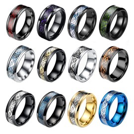 SAMOCO 12 Pcs 8mm Stainless Steel Ring for Men Women Celtic Dragon Inlay Mens Wedding Bands Rings Comfort Fit Size 11