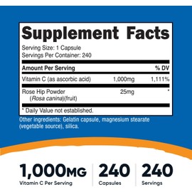 Nutricost Vitamin C with Rose Hips 1025mg, 240 Capsules - Vitamin C 1,000mg, Rose Hips 25mg, Premium, Non-GMO, Gluten Free Supplement