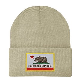 Made in USA - California Bear Flag Embroidered Patch Winter Long Cuff Beanie - Stone