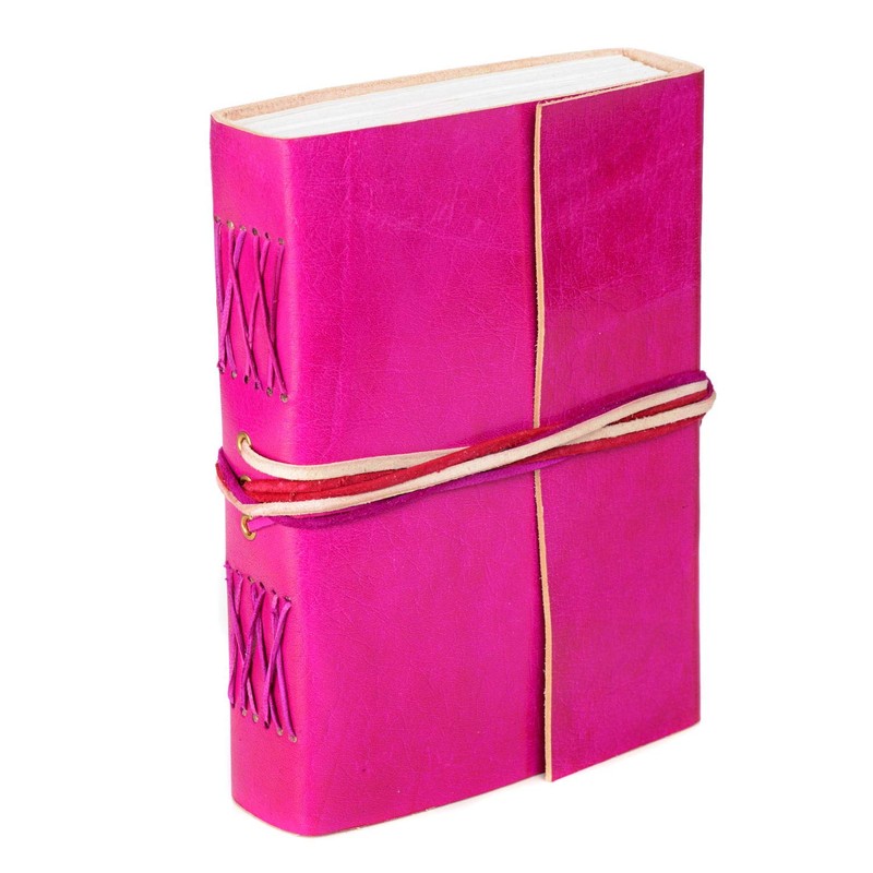Handmade 3-String Cerise Pink Leather Journal | Plain Recycled Paper