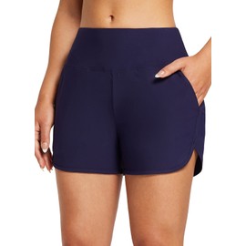 BALEAF - Pantalones cortos de nataci n de cintura alta de 3 pulgadas para mujer, control de abdomen, secado r pido, pantalones cortos con bolsillos, UPF 50+, Azul oscuro, L
