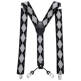 DonDon Men's Braces Wide 3.5 cm with 4 Braces Clips Extra Strong Y-Shape - Elastic and Adjustable Length, Checked, black, grey