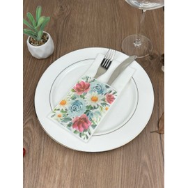 JEBBLAS 50Pcs Flower Design Linen Feel Napkins with Built-in Flatware Pocket, Pocket Napkins for Silverware, Disposable Napkins for Wedding, Dinner Party, Christmas, Baby shower