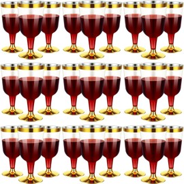 CHENGU 100 Pieces Gold Rimmed Disposable Wine Glasses 7 Oz Clear Hard Plastic Fancy Wine Cups with Stem for Wedding Birthday Anniversary Party Supplies (Gold)