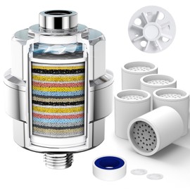 20-Stage Shower Filter-Shower Head Filter for Hard Water, with 5 Replaceable Cartridges, High Output Shower Water Filter for Removing Chlorine and fluoride, Polished Chrome