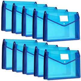10 Pieces Plastic File Folders Envelope Expanding File Wallet Organizer Documents Folder with Snap Closure and Pocket B4 Waterproof Transparent Pouch for School Office(Blue,Horizontal)