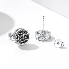 Silvora S925 Silver Stud Earrings Unisex Black Onyx Stud Earrings Vintage Viking Rune Sign Black Agate Earrings Round Black Zircon Stud Earrings in Silver for Men and Women, Silver