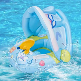 AFPYC Flotador de Piscina para Niño, Lindo para Piscina, con Toldo Extraíble, Soporte Inferior Seguro, Viene con Pistola de Agua, Juguetes de Fiesta de Natación en la Playa（Tiburón Azul）