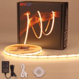 JOYLIT Motion Sensor COB LED Strip Light 5M, 12V Warm White LED Strip 3000K 320LEDs/M Dotless, Movement Activated ON/Off Indoor LED Tape with 2 Sensing Modes for Cabinets, Counters, Wardrobes