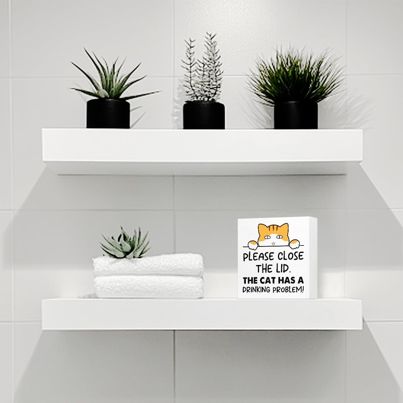 Funny Ginger cat Bathroom Wood Block Signs,Rustic Please Close the