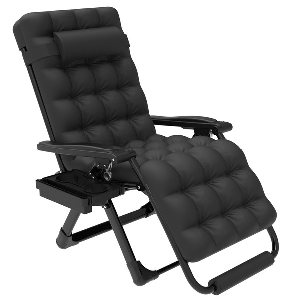 Slendor Zero Gravity Chair, 26inch Zero Gravity Recliner, Folding Reclining Lounge Chair,Indoor Outdoor Patio Chairs with Pillow, Cushion, Footrest,Cup Tray, Support 440lbs,Black