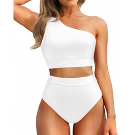 Holipick White Women One Shoulder High Waisted Bikini Sets Two Piece Swimsuit Tummy Control Bathing Suit Full Coverage Swimwear XL