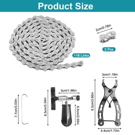 Bicycle Chains, 1/2 x 3/32 Inch 116 Links, 6/7/8 Speed Bicycle Chain, Bicycle Chain Tool Set with Chain Riveter Bicycle, Bicycle Link Pliers and 3 Pairs Chain Lock for Mountain Bike