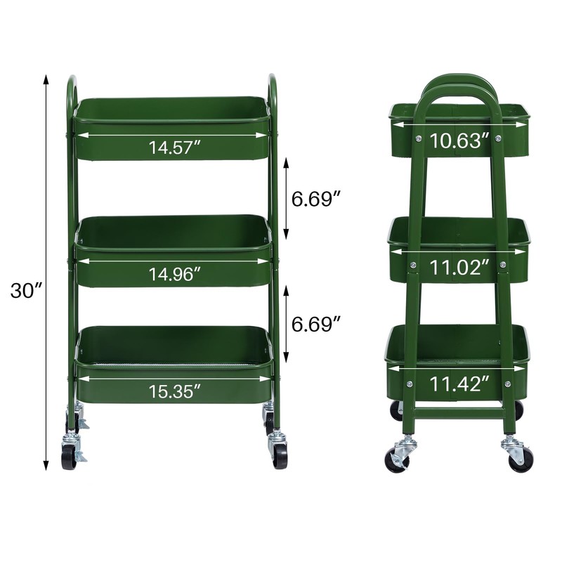 AGTEK 3 Tier Utility Rolling Cart with Lockable Wheels, Metal