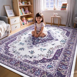 HOMORE Purple Area Rug 6x9 Living Room Rug, Non Slip Washable Rugs for Bedroom Faux Wool Large Carpet for Dining Room Vintage Floral Rugs for Home Office Farmhouse Decor