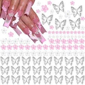 RODAKY 1000PCS Flower Nail Charms 3D Butterfly Nail Jewelry Pink Nail Flowers Charms Silver Metal Butterflies Resin Cute Flowers for Manicure DIY Nail Decoration