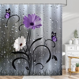 Boho Purple White Floral Shower Curtains, Rustic Daisy Flowers Butterfly Shower Curtain Set, Farmhouse Black Gray Fabric Bath Curtain for Bathroom Decor Waterproof Cloth with Hooks 72X72 Inch