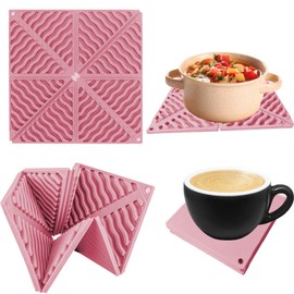 4PCS Hot Pads for Countertops, Silicone Countertop Protector Mat 6.5in Foldable Bar Coasters Expandable Non-Slip Pot Mat for Hot Cold Cup Dishes, Pink