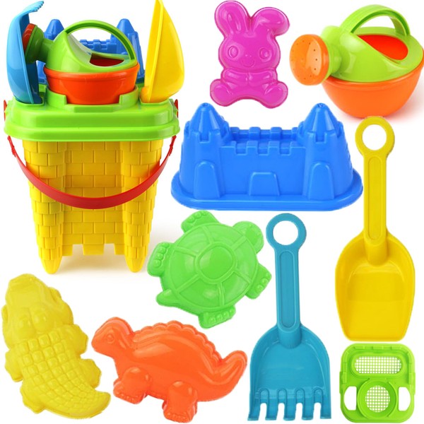 Lubibi 10 PCS Beach Toy Set - Sand Bucket For Kids, Rake, Castle Mode, Animals Molds, Spade,Watering Can, Outdoor Toy for Kids - Perfect for Spring/Summer Holidays, Great Gift for Kids 3-10 Years old