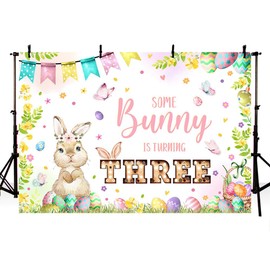 MEHOFOND 7x5ft Spring Bunny Theme Backdrop for Gril Third Birthday Rabbit Some Bunny is Turning Three Easter 3rd Birthday Background with Eggs Butterfly Party Decorations