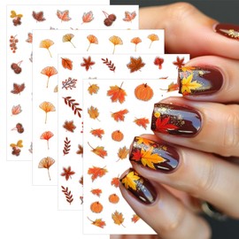 8 Sheets Fall Nail Stickers for Nail Art, 3D Self-Adhesive Bronzing Thanksgiving Nail Decals Pumpkin Maple Leaf Ginkgo Leaves Designs Nails Decorations Autumn Nail Art Supplies for Women
