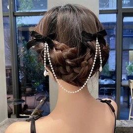Small Hair Bow Clips for Women Girls Bowknot Hair Barrettes Black Pearl Bow Hair Clip Velvet Bow Hair Accessories Bow Decor Hair Clip Decorative Hair Clips for Styling Thin Hair Bow Chain Hair Clips