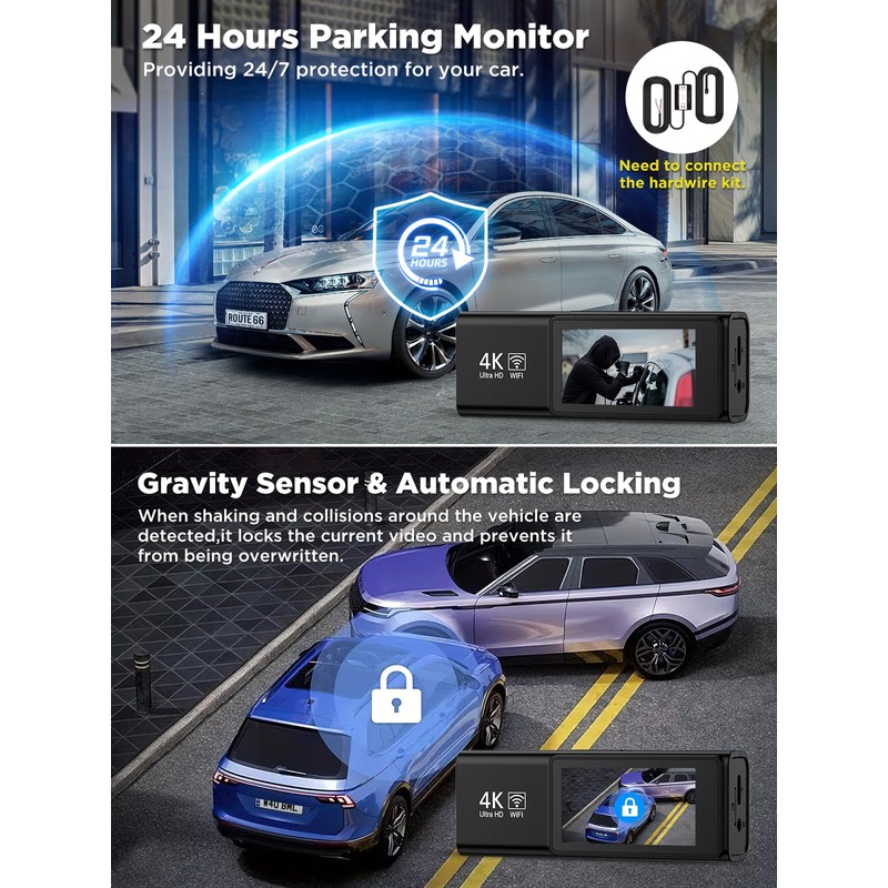 SAVUSCAM Dash Cam 4K + 1080P, WiFi Dash Cam Front