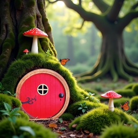 Cauaoa Red Fairy Garden Door for Trees, Fairy Doors for Trees Outdoor, Outdoor Tree Trunk Decoration, Mini Garden Sculpture Lawn Ornament Decor, Miniature Garden Buildings and Structures