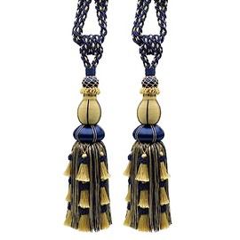 Large Elegant Curtain & Drapery Tassel Tieback, Tassel Length 12" (30.5cm), 30" Spread (76cm) # TBAX12, Nautical Gold #1152 (Light Gold, Yellow Gold, Navy Blue) Set of 2