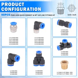 XaXmTee 90 Pcs Quick Connect Air Line Fittings Kit Pneumatic Push Lock Air Fittings 1/8",1/4",3/8",1/2" Push to Connect & NPT Thread Air Hose Fittings Quick Release Airline Fitting Kit
