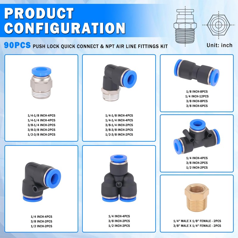90 Pcs Quick Connect Air Line Fittings Kit Pneumatic Air