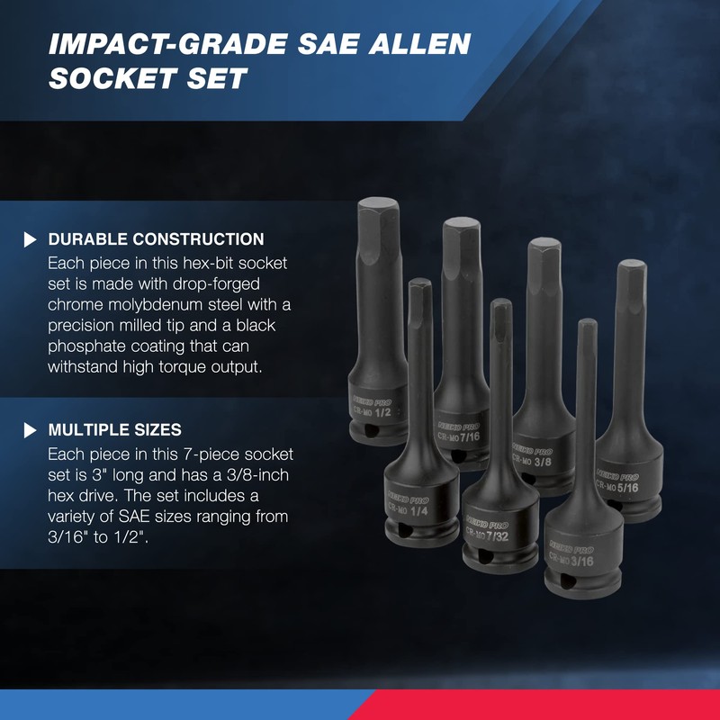 NEIKO 01131B 3/8-Inch-Drive Allen Socket Set, 3-Inch Length, 3/8-Inch Impact